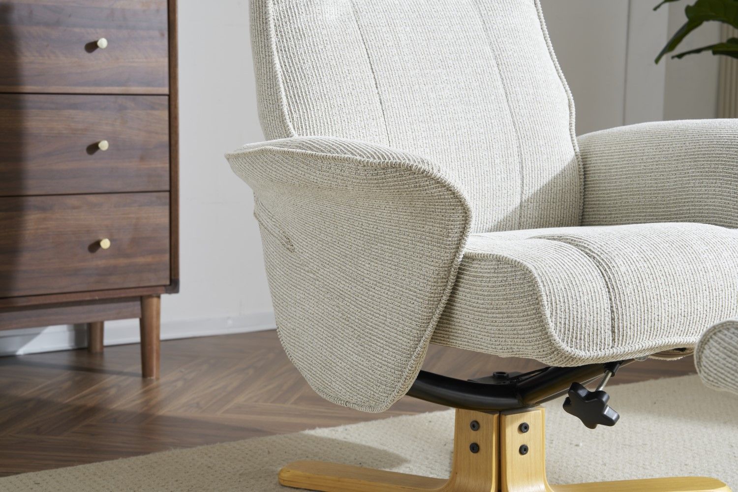 Marzipan Fabric Swivel Recliner with Footstool Oak Base