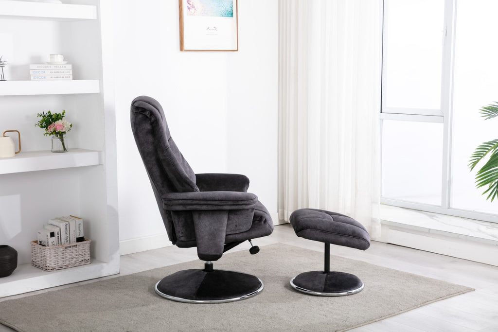 Modern Black Fabric Swivel Recliner Armchair Footstool set Chrome Trim Base