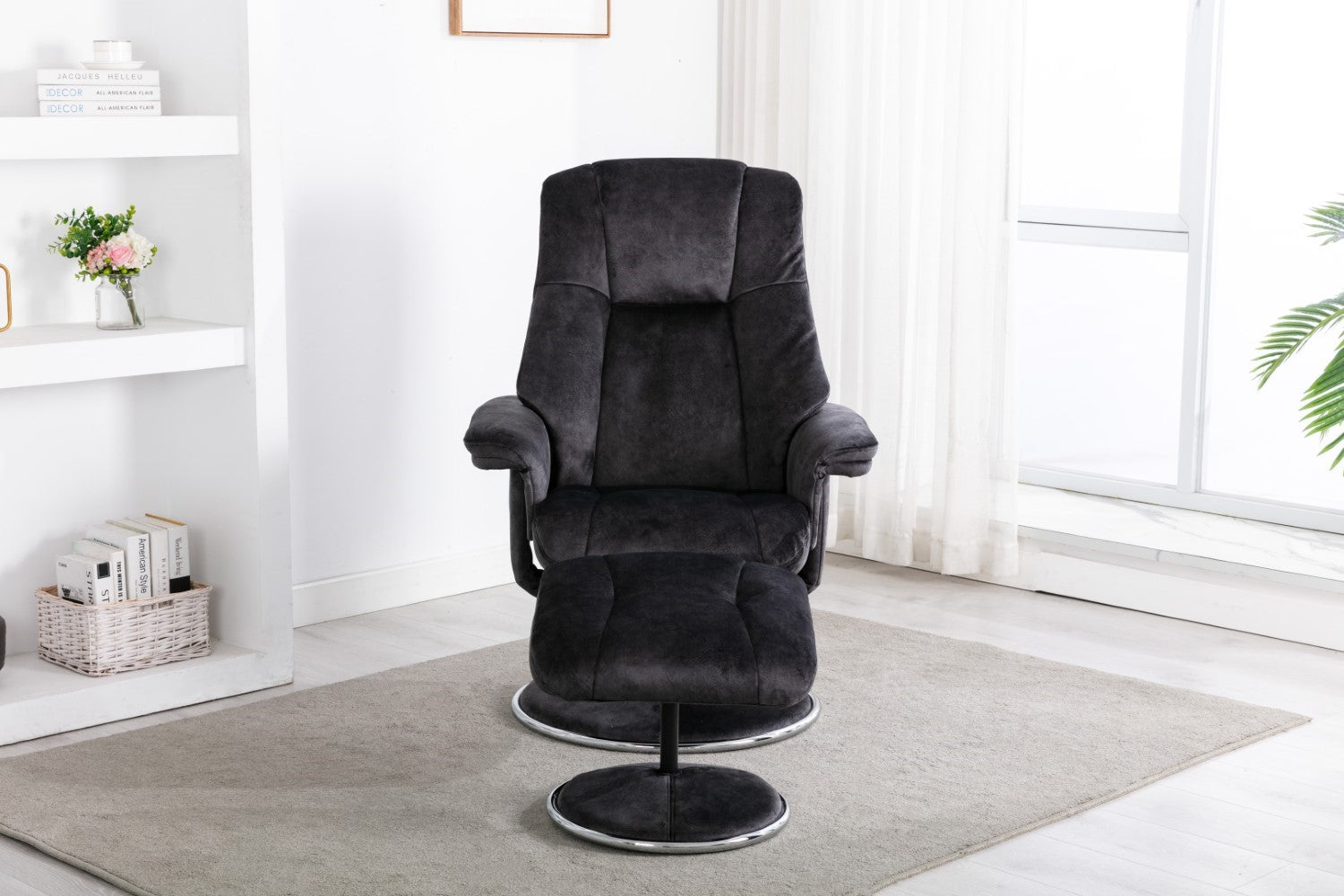 Black Fabric Swivel Recliner Armchair with Footstool