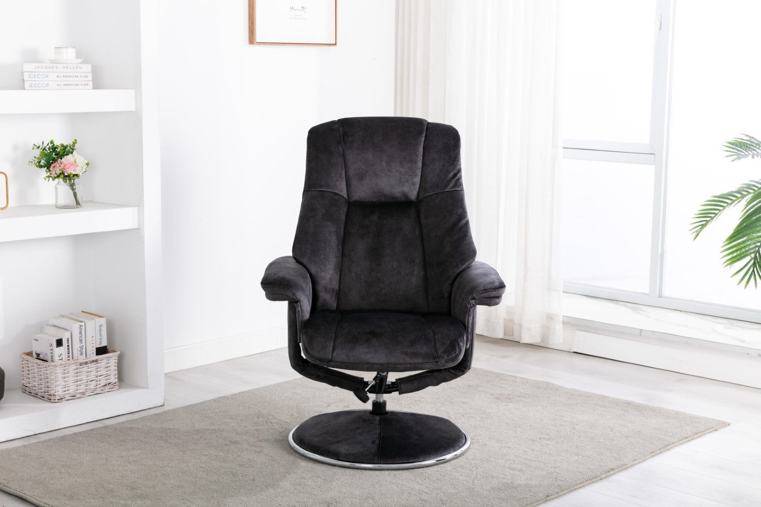 Black Fabric Swivel Recliner Armchair with Footstool