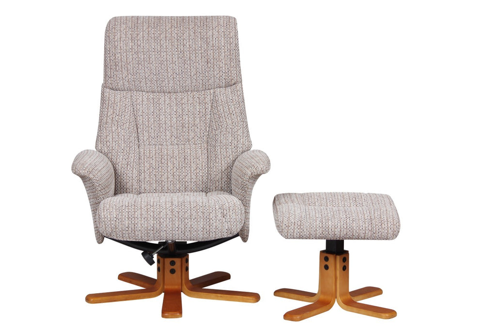 Modern Cream Fabric Upholstered Swivel Recliner Armchair and Footstool Set Cherry Base