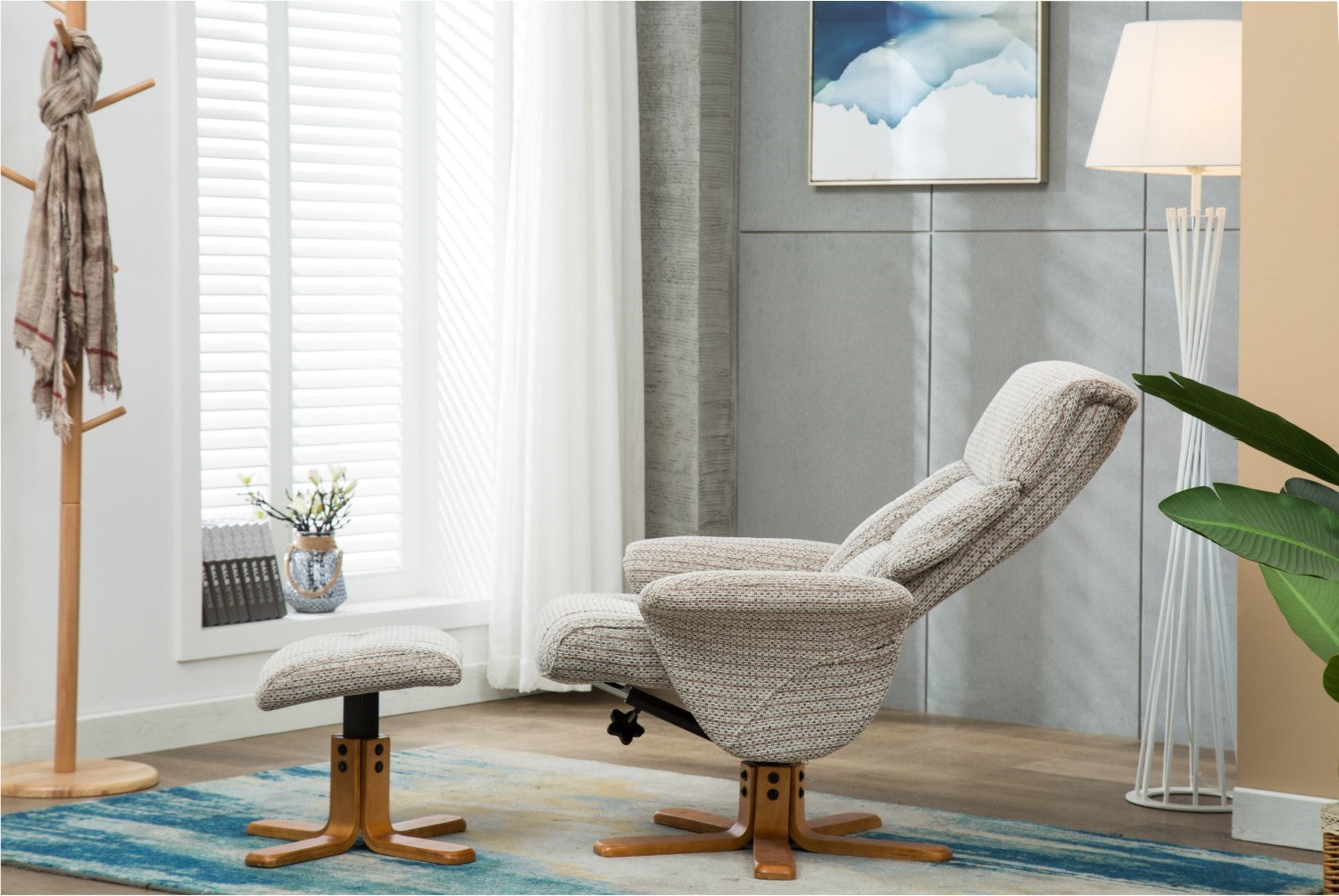 Cream Fabric Swivel Recliner and Footstool Set Cherry Base