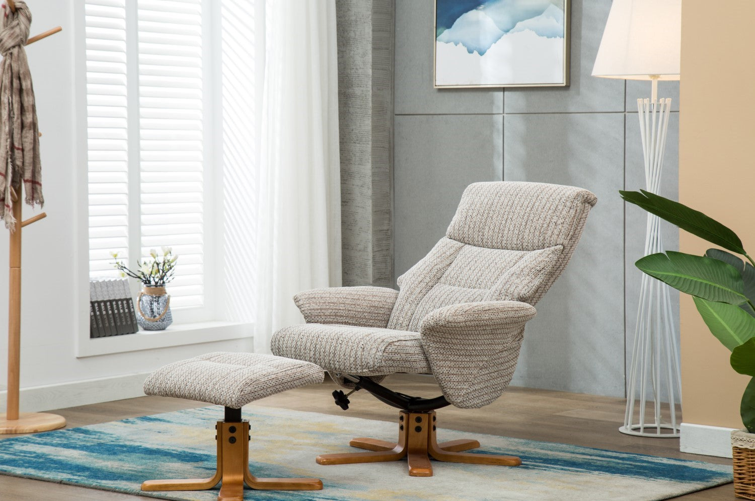 Cream Fabric Swivel Recliner and Footstool Set Cherry Base