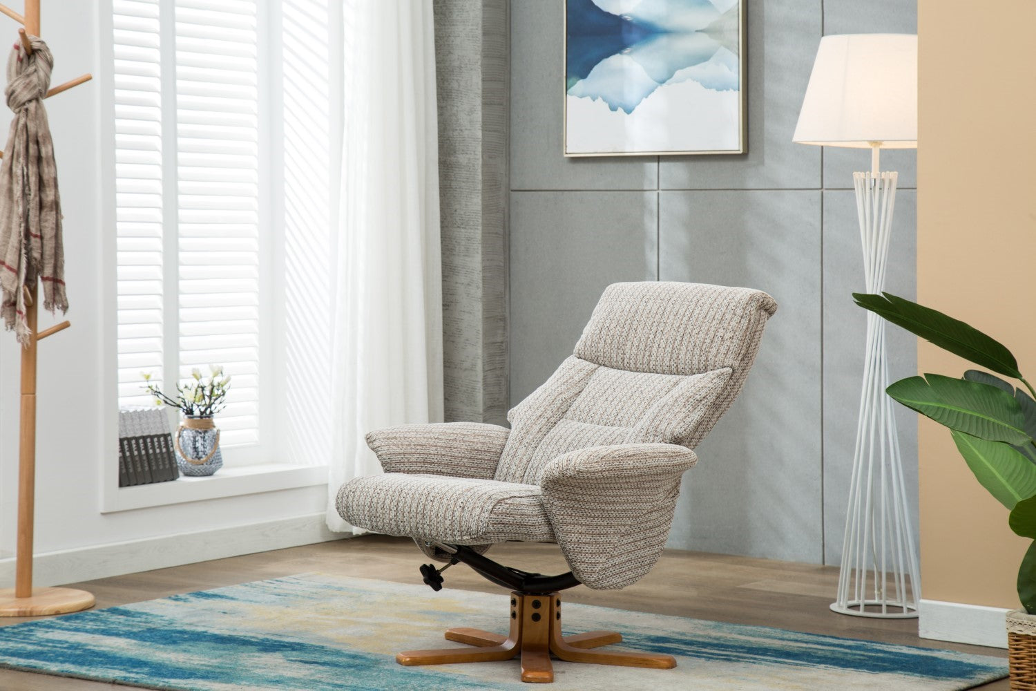 Cream Fabric Swivel Recliner and Footstool Set Cherry Base