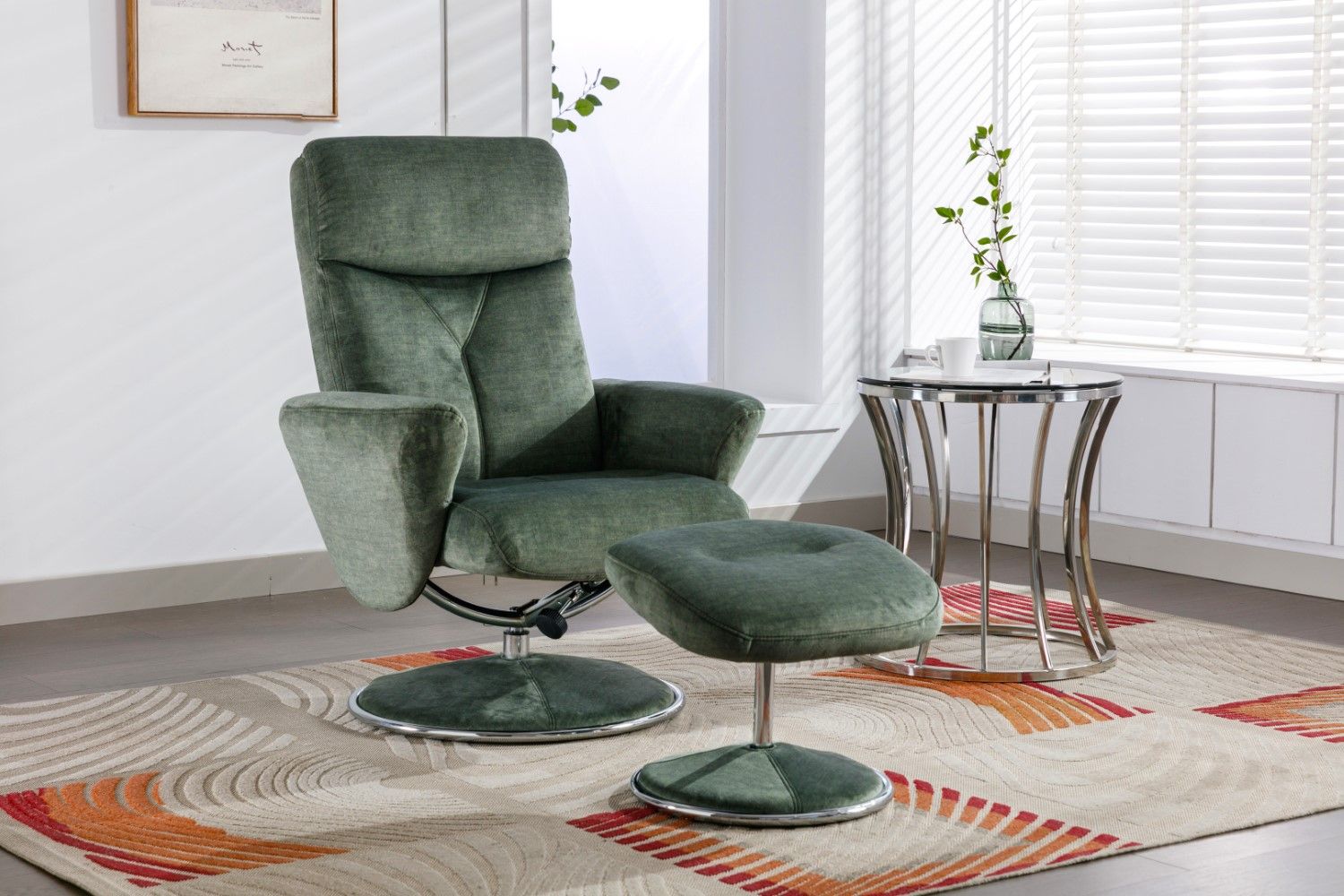 Moss Green Fabric Swivel Recliner with Footstool Chrome Base