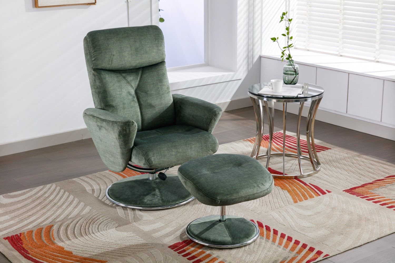 Moss Green Fabric Swivel Recliner with Footstool Chrome Base