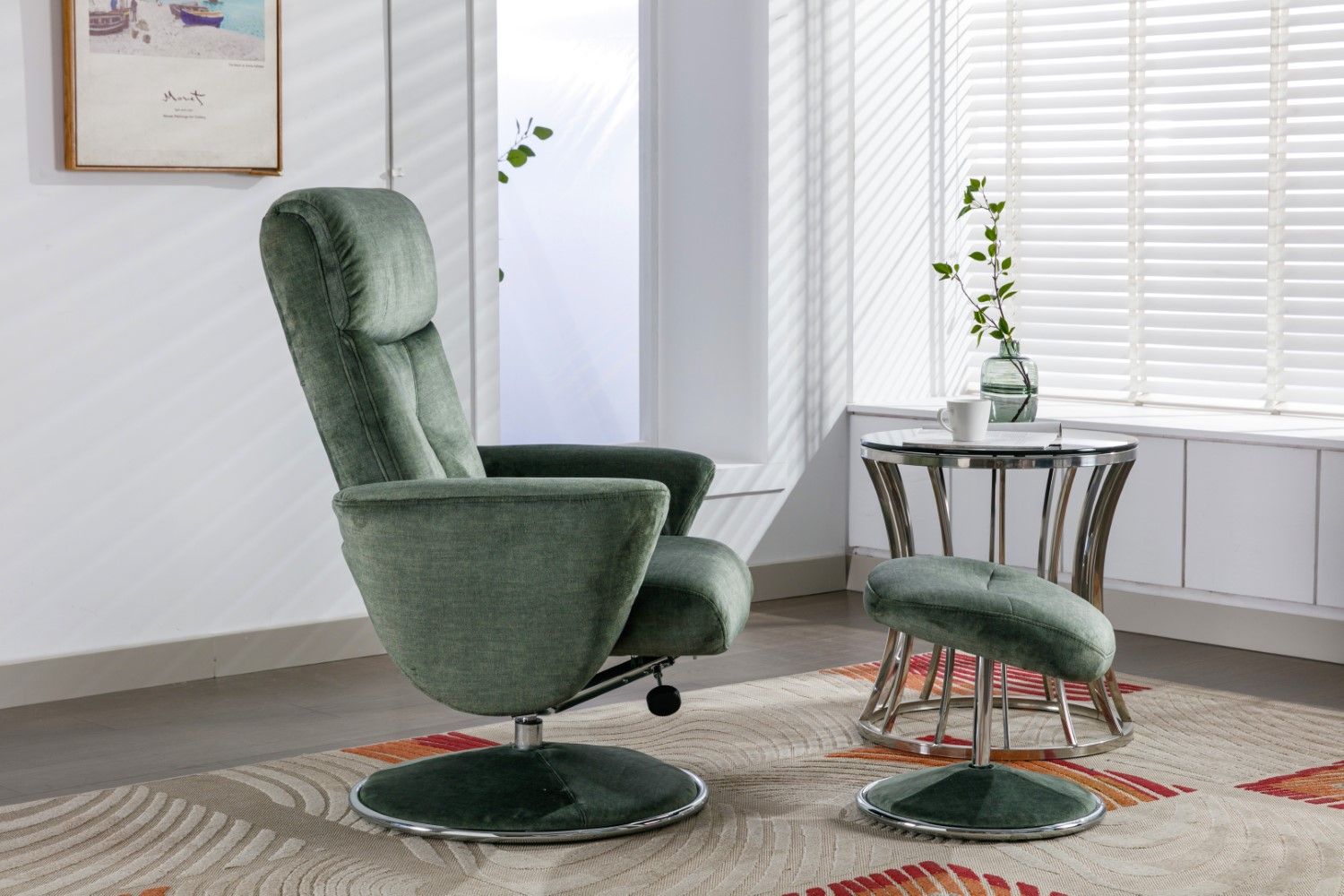 Moss Green Fabric Swivel Recliner with Footstool Chrome Base