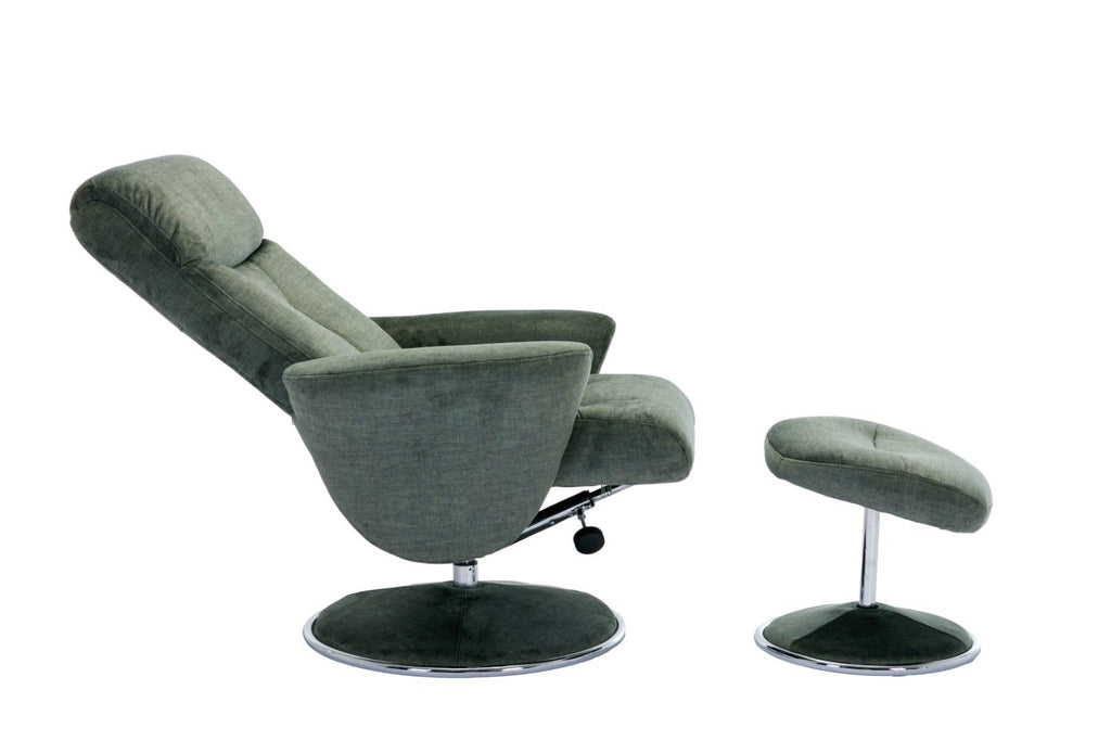 Moss Green Fabric Swivel Recliner with Footstool Chrome Base
