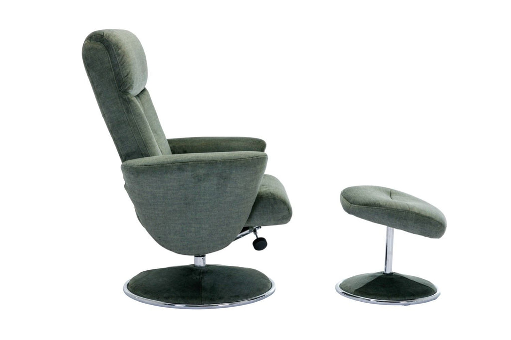 Moss Green Fabric Swivel Recliner with Footstool Chrome Base