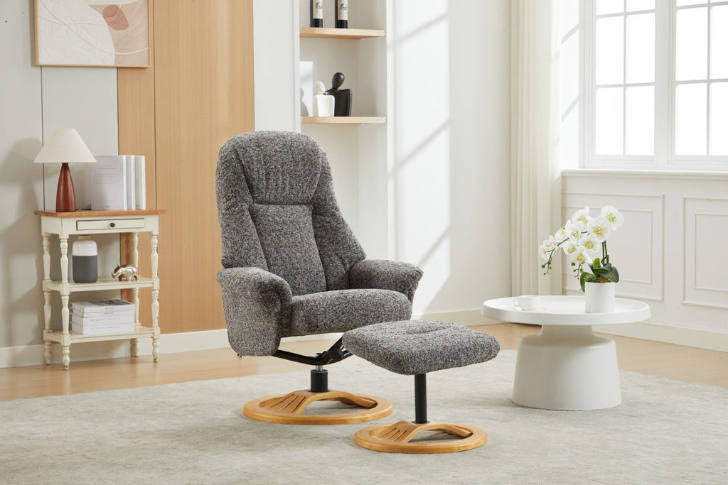 Muscari Grey Fabric Swivel Recliner Chair With Footstool