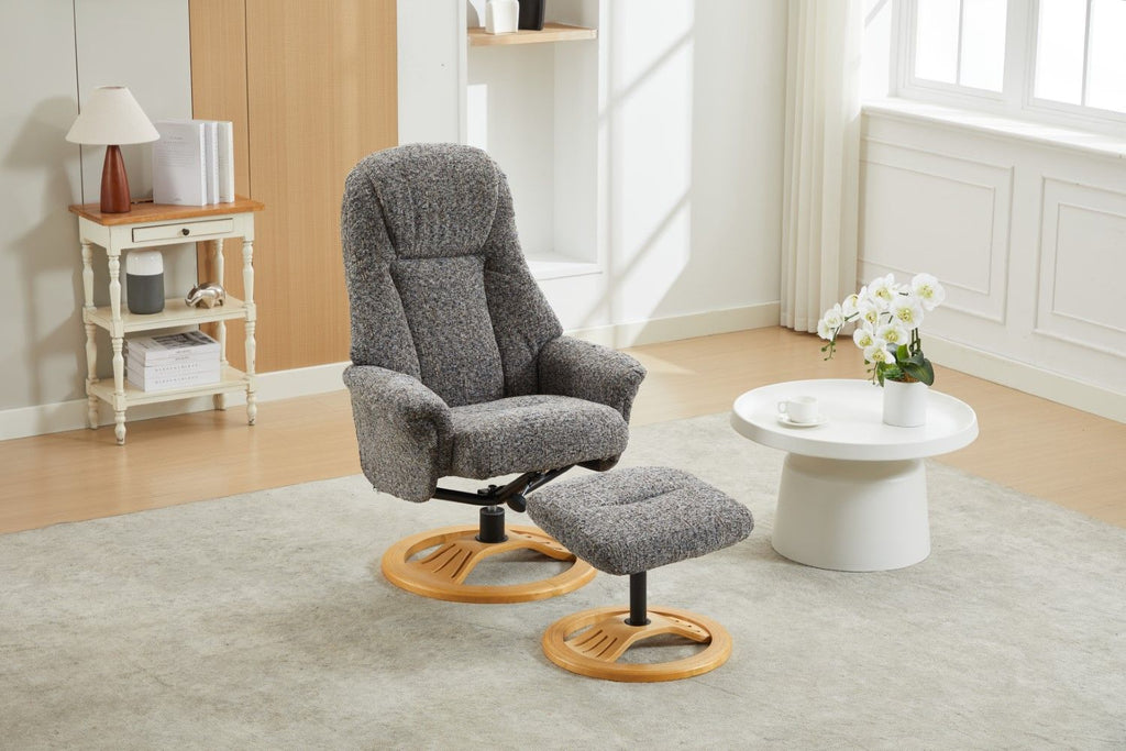 Muscari Grey Fabric Swivel Recliner Chair With Footstool
