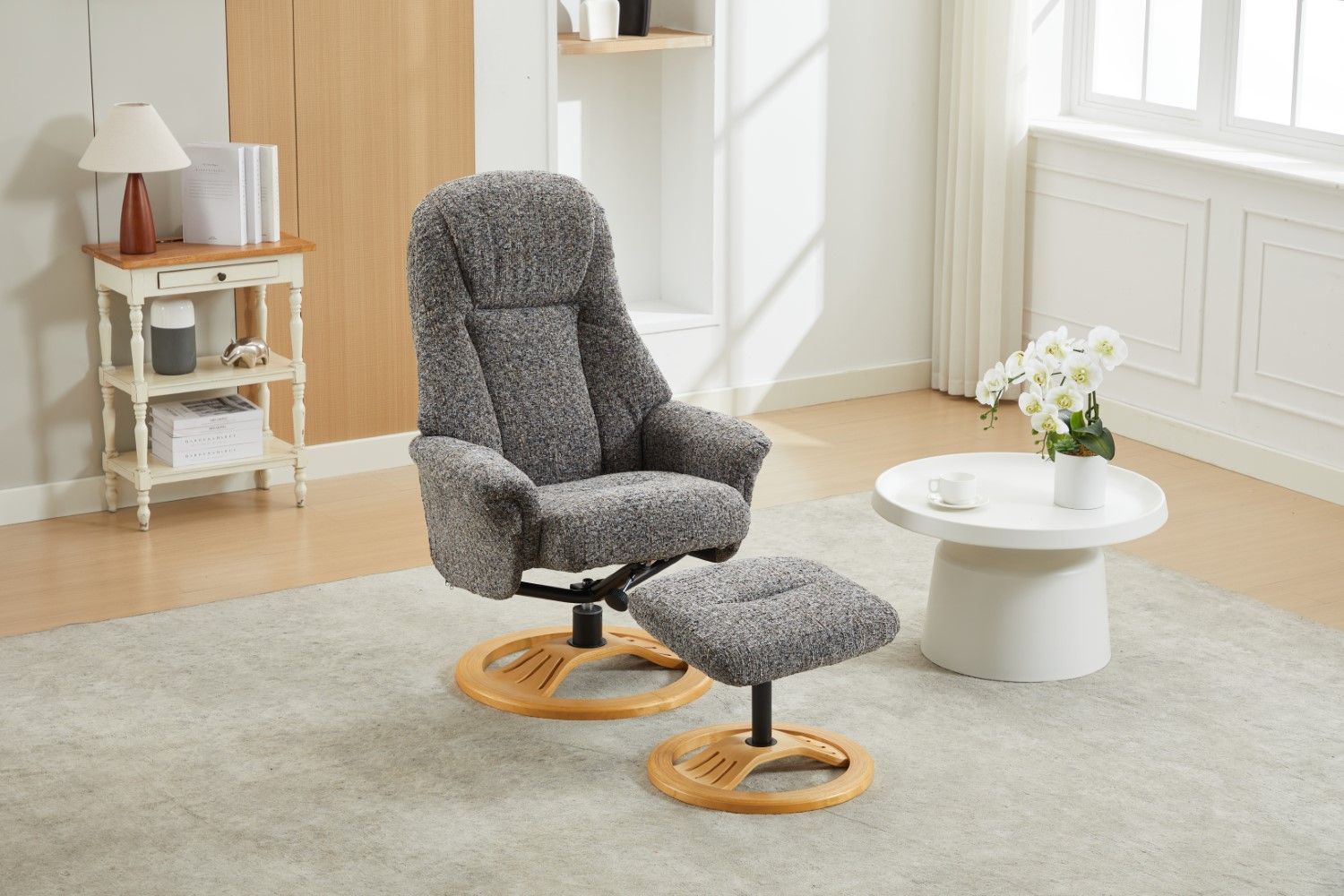 Muscari Grey Fabric Swivel Recliner Chair With Footstool