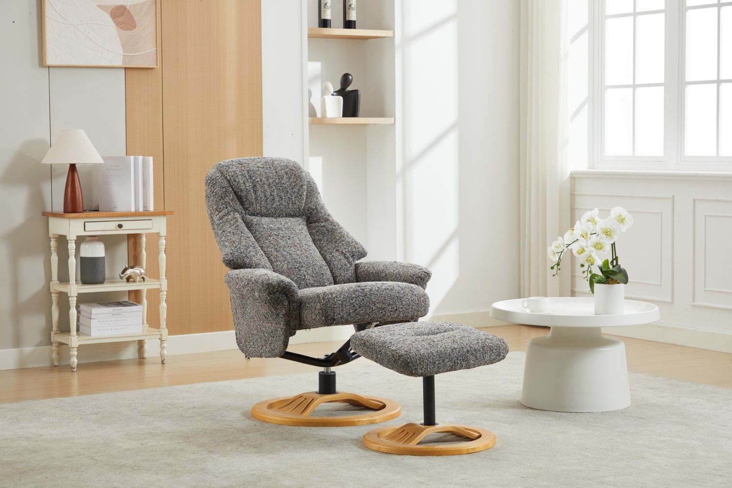 Muscari Grey Fabric Swivel Recliner Chair With Footstool
