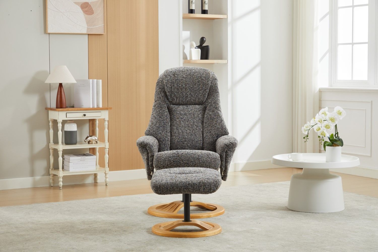 Muscari Grey Fabric Swivel Recliner Chair With Footstool