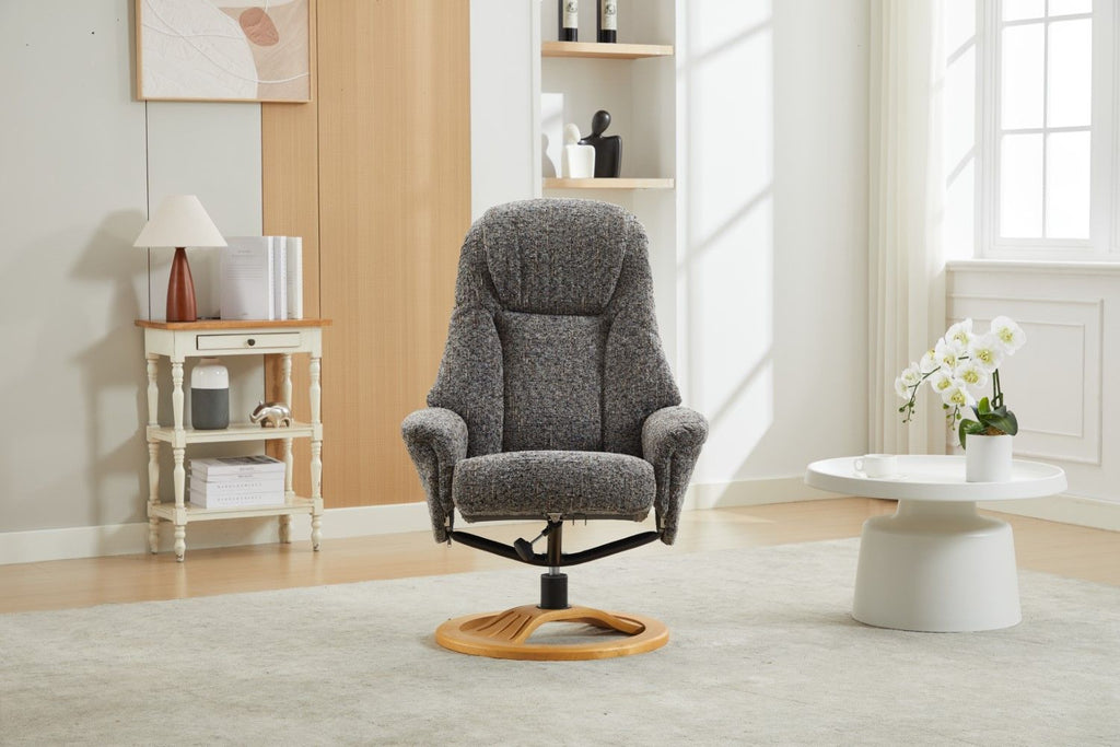 Muscari Grey Fabric Swivel Recliner Chair With Footstool