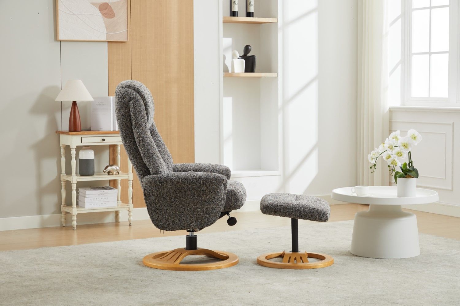 Muscari Grey Fabric Swivel Recliner Chair With Footstool