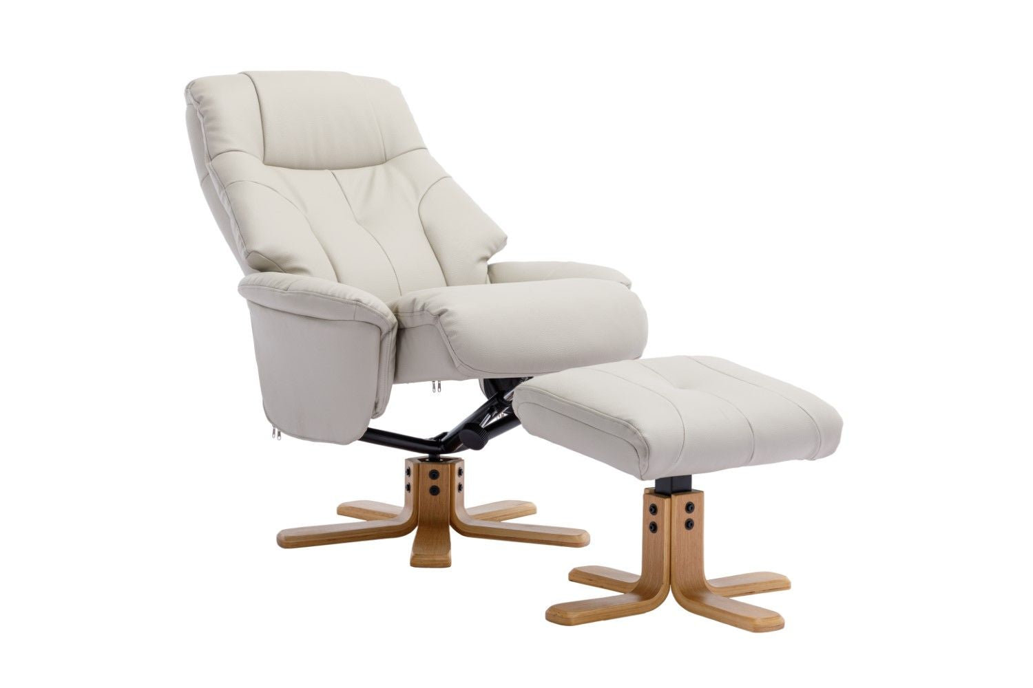 Mushroom Leather Effect Swivel Recliner Footstool Oak Base - Home Furniture Interiors