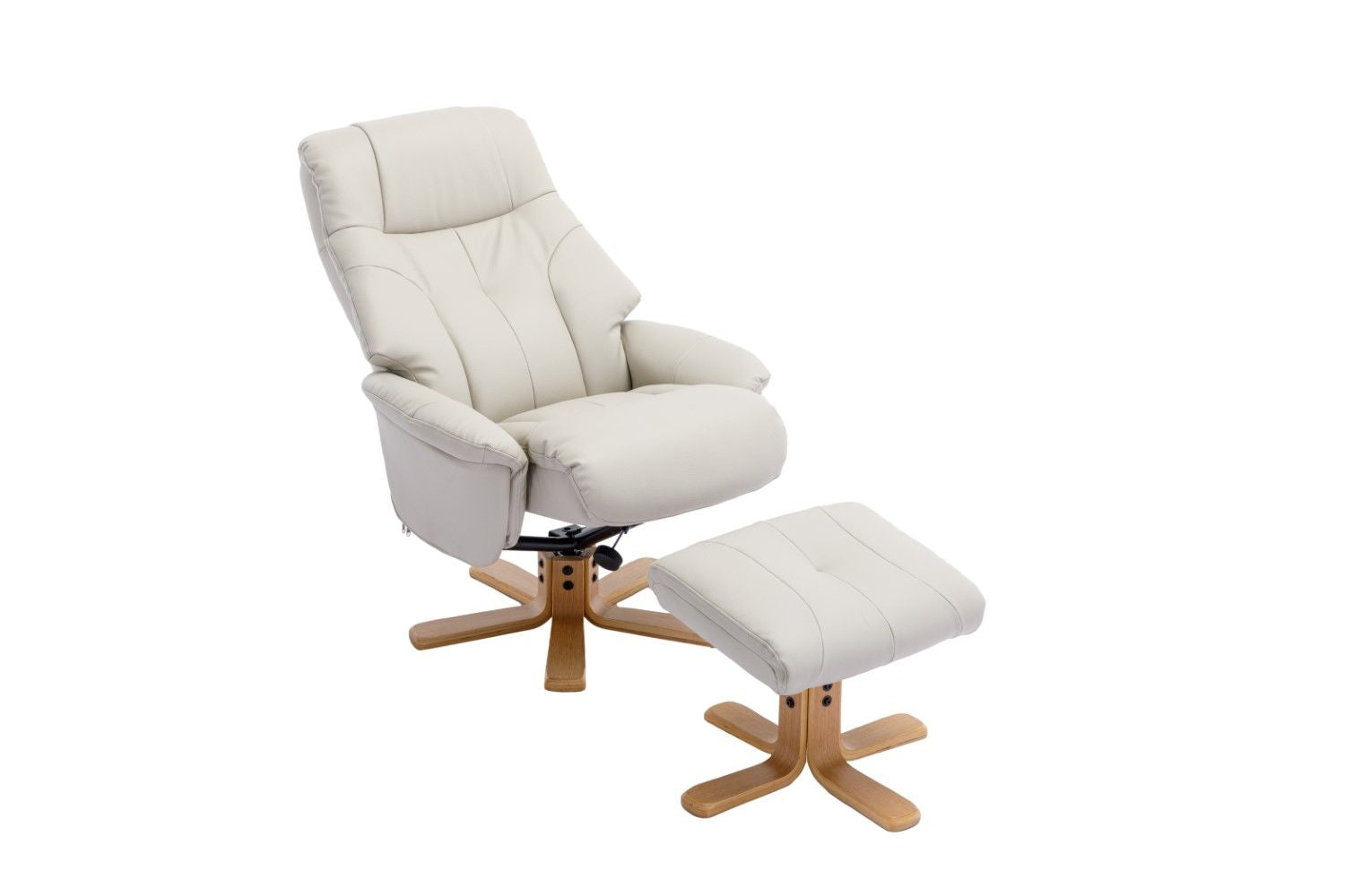 Mushroom Leather Effect Swivel Recliner Footstool Oak Base - Home Furniture Interiors