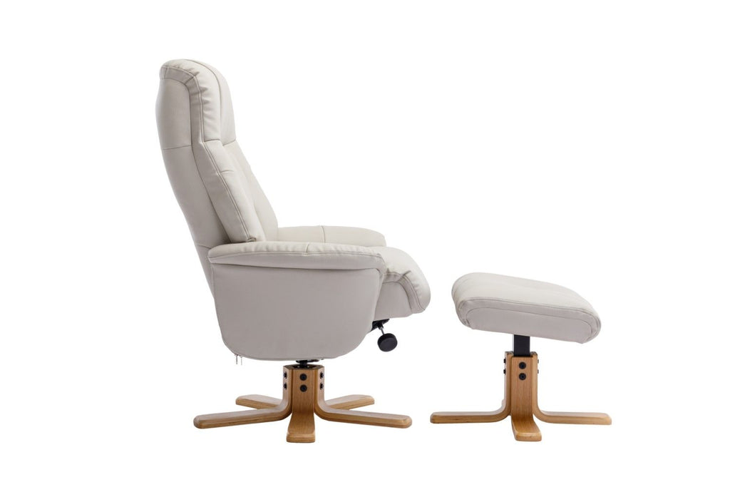 Mushroom Leather Effect Swivel Recliner Footstool Oak Base - Home Furniture Interiors