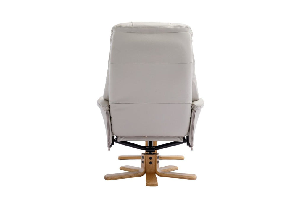 Mushroom Leather Effect Swivel Recliner Footstool Oak Base - Home Furniture Interiors