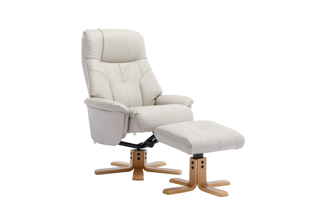 Mushroom Leather Effect Swivel Recliner Footstool Oak Base - Home Furniture Interiors