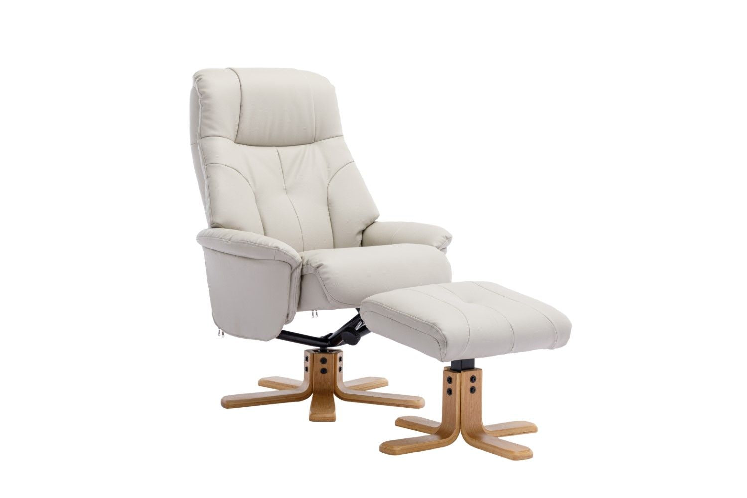 Mushroom Leather Effect Swivel Recliner Footstool Oak Base - Home Furniture Interiors