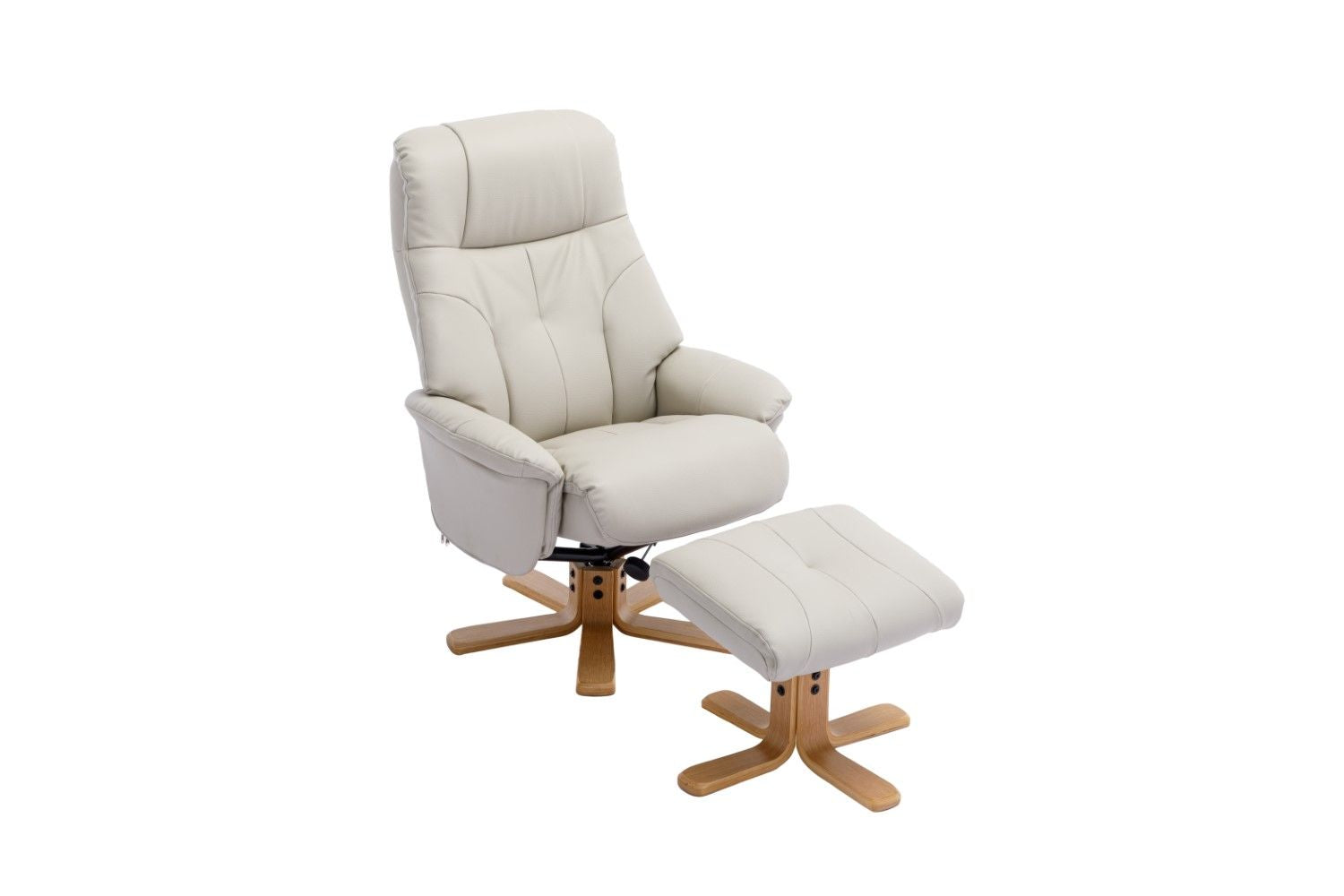 Mushroom Leather Effect Swivel Recliner Footstool Oak Base - Home Furniture Interiors