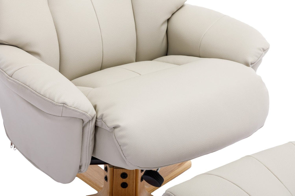 Mushroom Leather Effect Swivel Recliner Footstool Oak Base - Home Furniture Interiors