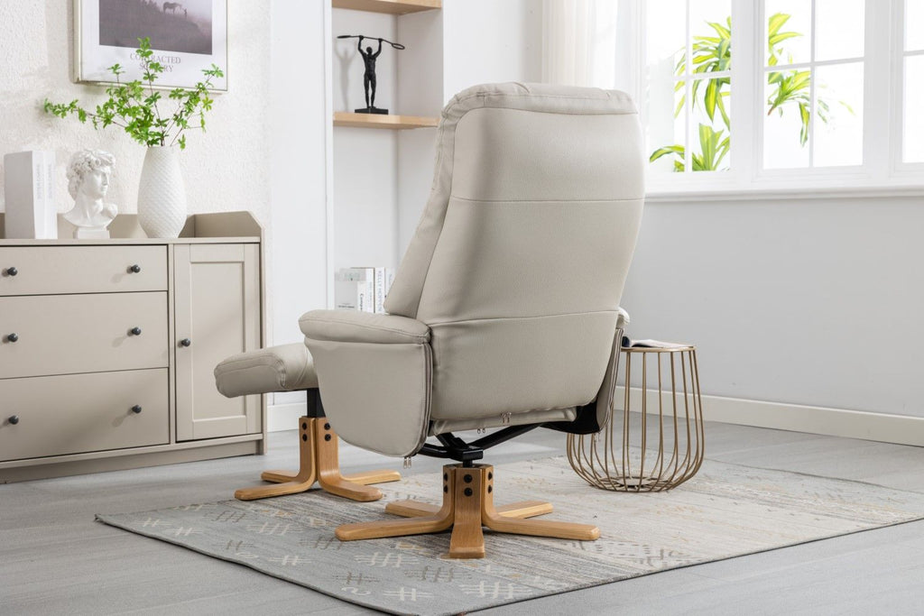 Mushroom Leather Effect Swivel Recliner Footstool Oak Base - Home Furniture Interiors