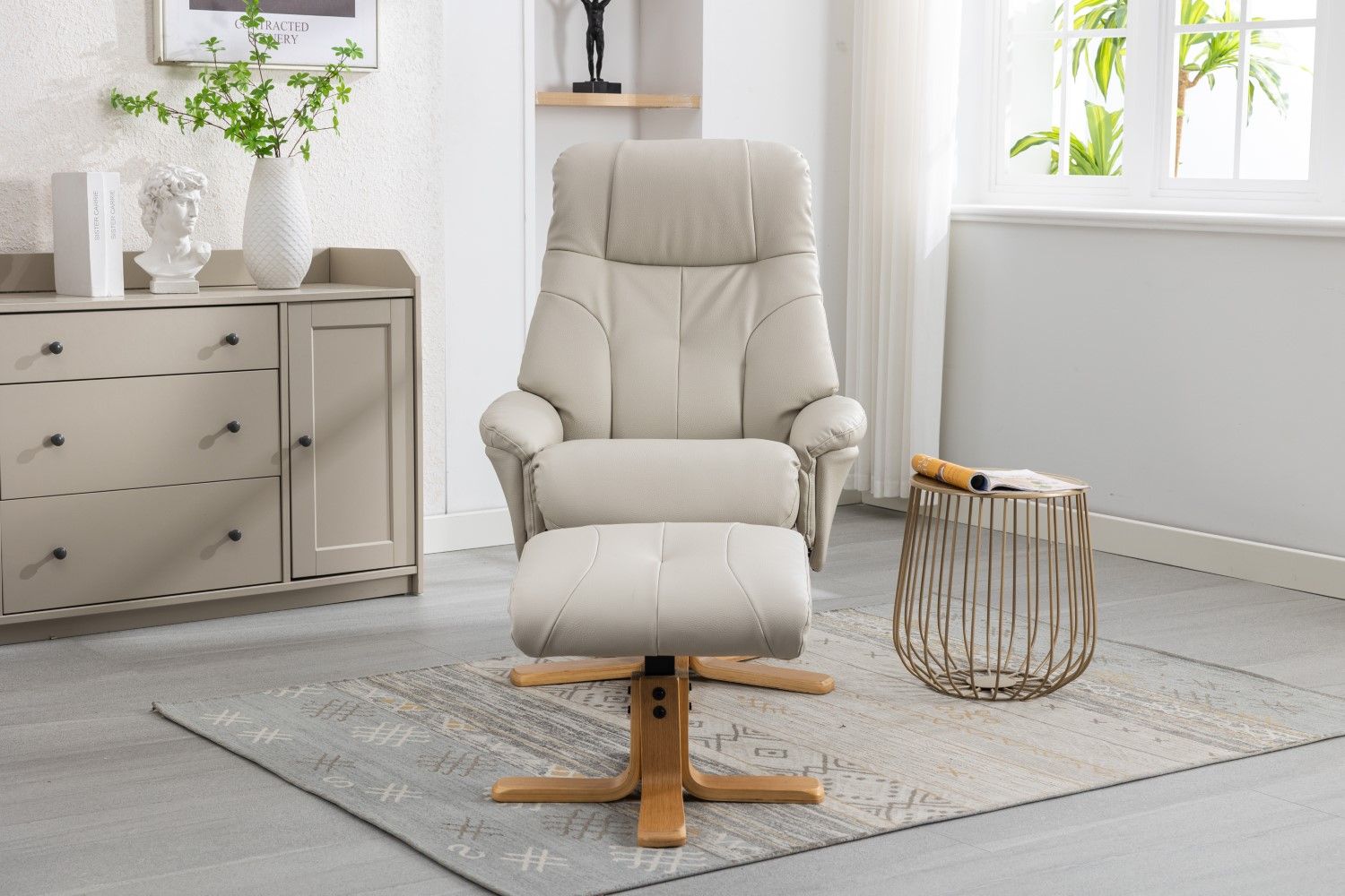 Mushroom Leather Effect Swivel Recliner Footstool Oak Base - Home Furniture Interiors