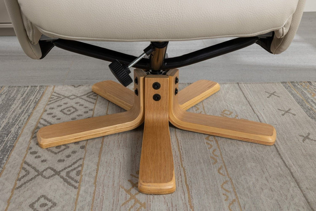 Mushroom Leather Effect Swivel Recliner Footstool Oak Base - Home Furniture Interiors