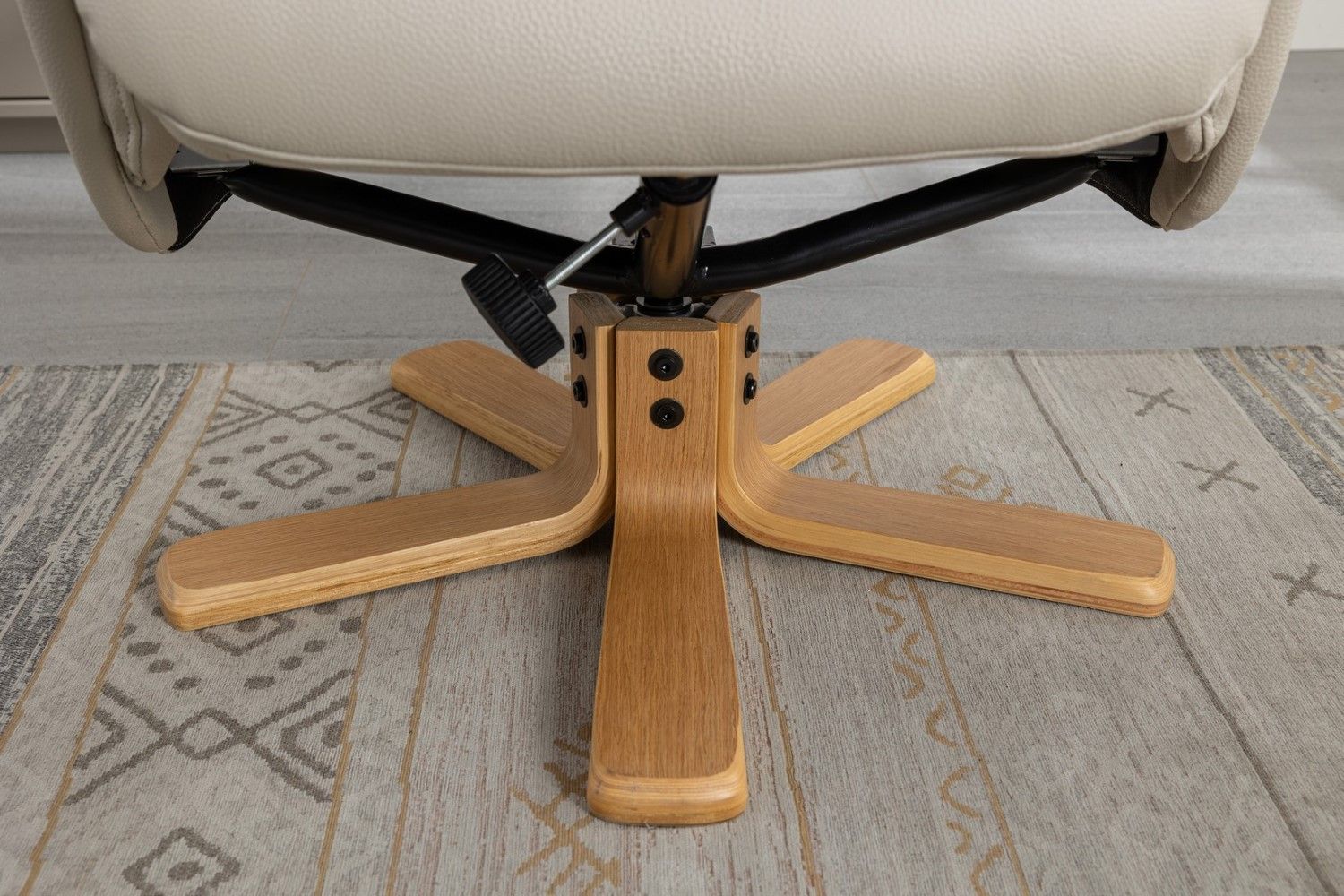 Mushroom Leather Effect Swivel Recliner Footstool Oak Base - Home Furniture Interiors
