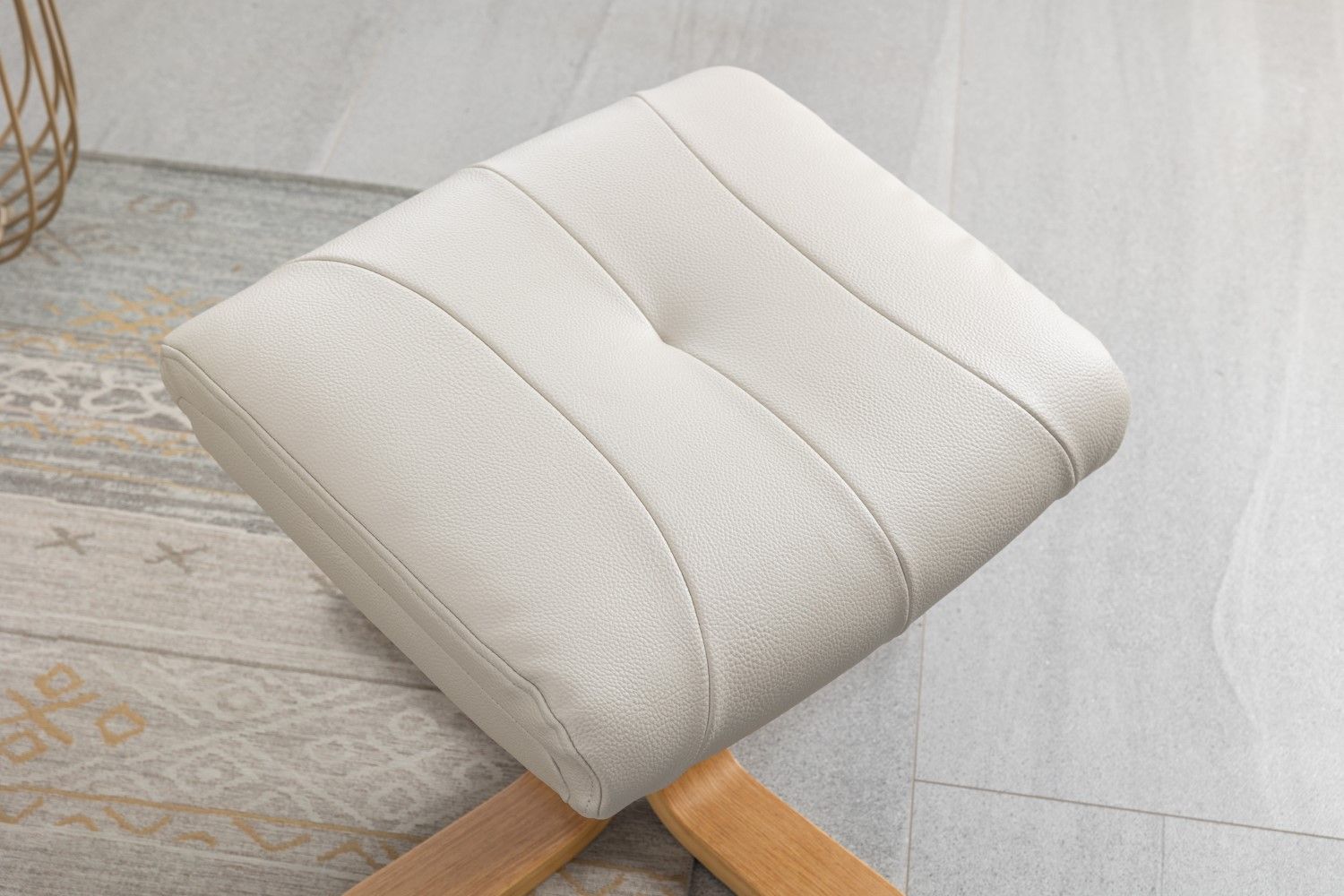 Mushroom Leather Effect Swivel Recliner Footstool Oak Base - Home Furniture Interiors