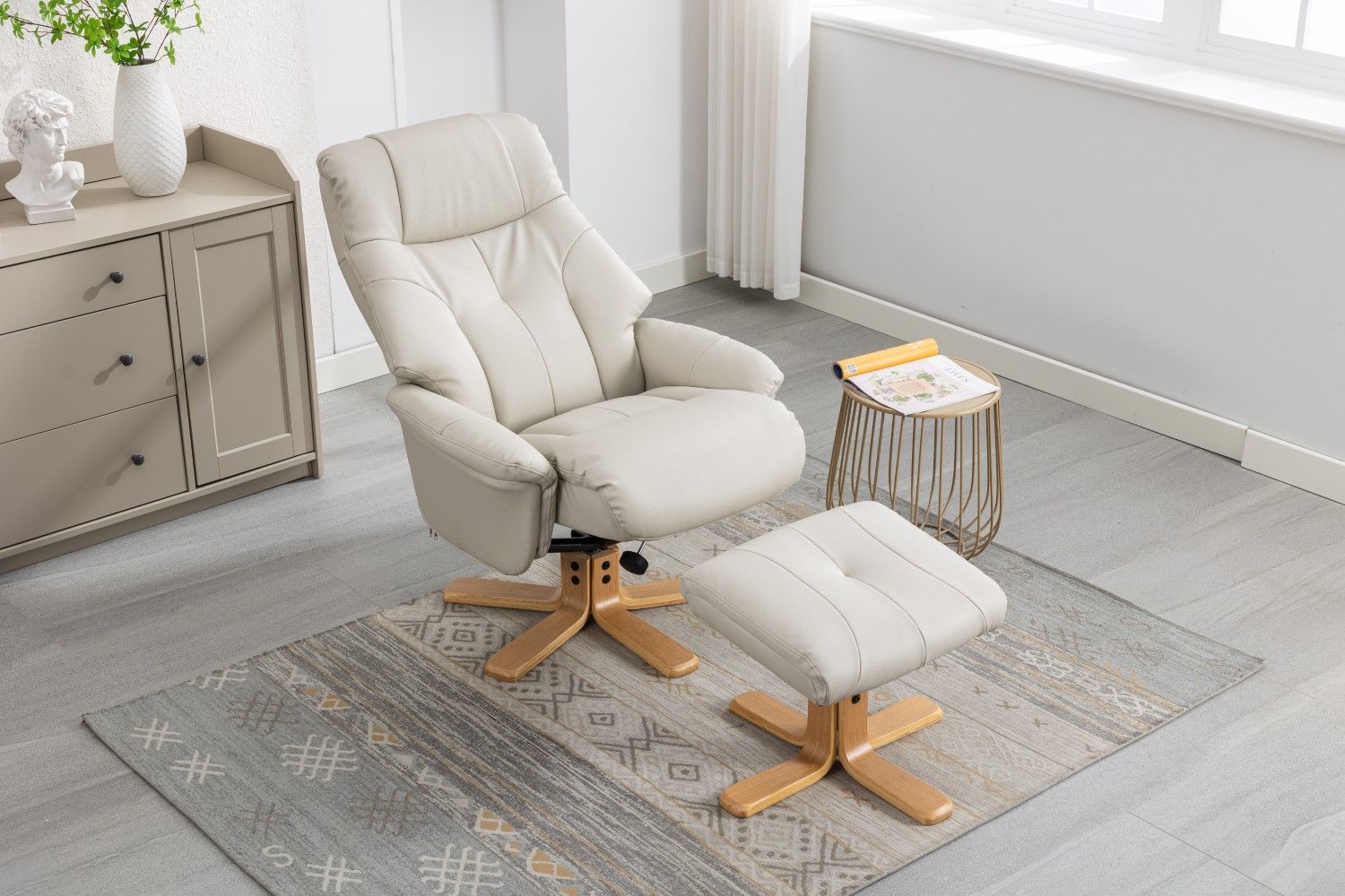 Mushroom Leather Effect Swivel Recliner Footstool Oak Base - Home Furniture Interiors