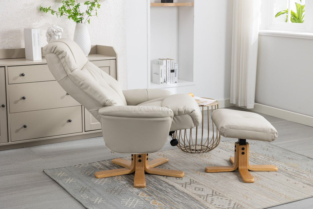 Mushroom Leather Effect Swivel Recliner Footstool Oak Base - Home Furniture Interiors