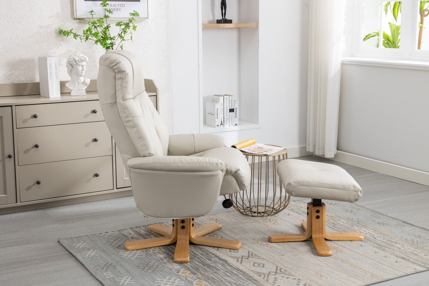 Mushroom Leather Effect Swivel Recliner Footstool Oak Base - Home Furniture Interiors