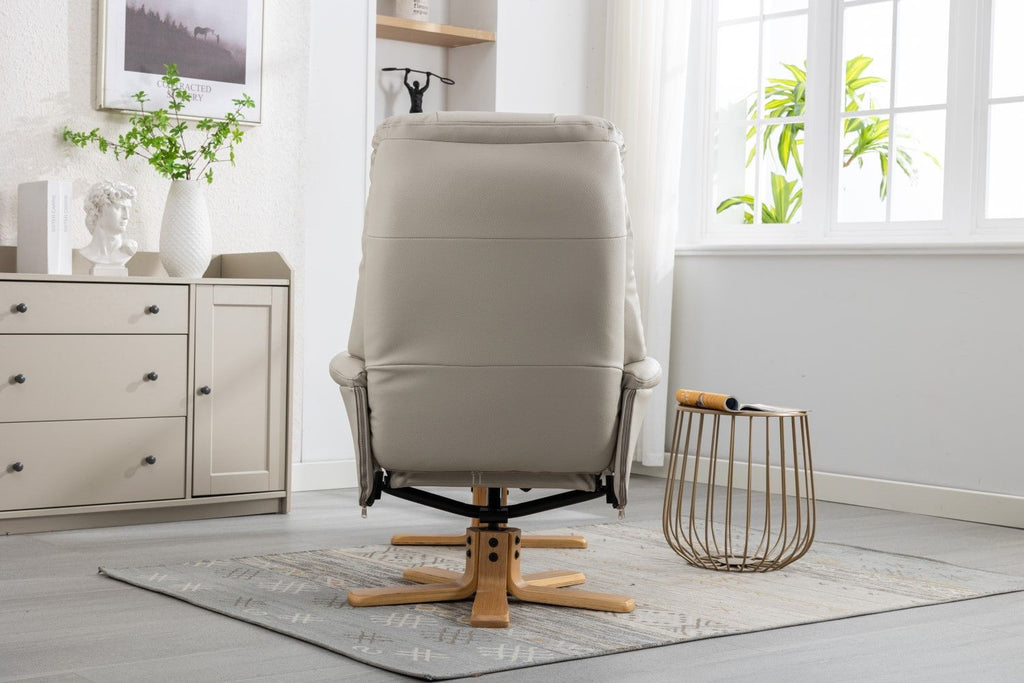 Mushroom Leather Effect Swivel Recliner Footstool Oak Base - Home Furniture Interiors