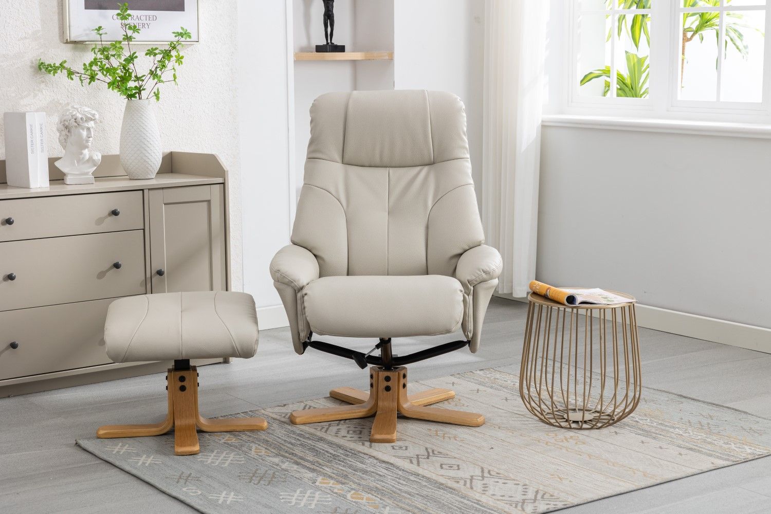 Mushroom Leather Effect Swivel Recliner Footstool Oak Base - Home Furniture Interiors