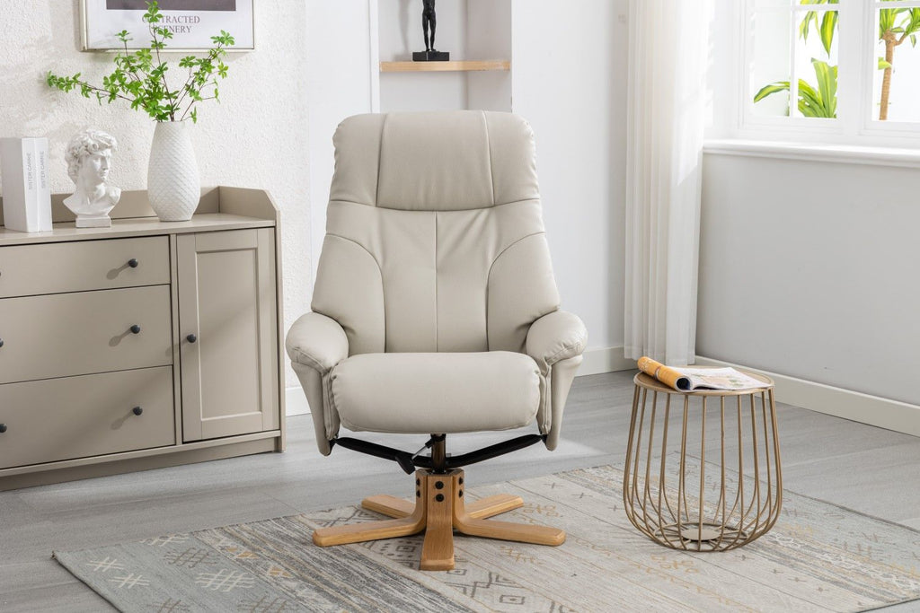 Mushroom Leather Effect Swivel Recliner Footstool Oak Base - Home Furniture Interiors