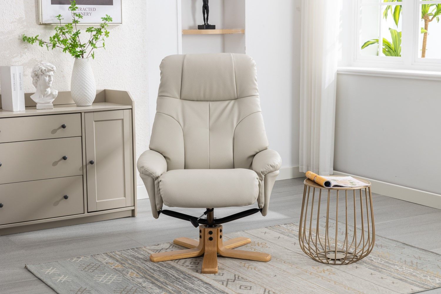 Mushroom Leather Effect Swivel Recliner Footstool Oak Base - Home Furniture Interiors