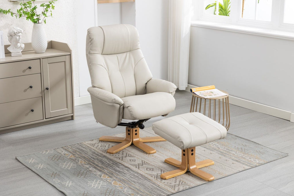 Mushroom Leather Effect Swivel Recliner Footstool Oak Base - Home Furniture Interiors