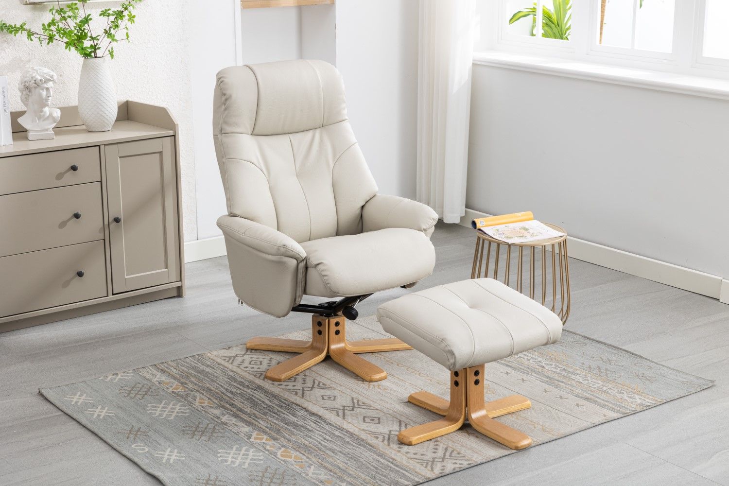 Mushroom Leather Effect Swivel Recliner Footstool Oak Base - Home Furniture Interiors
