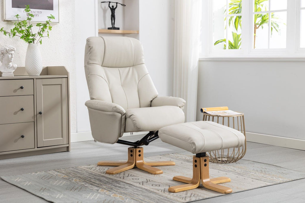 Mushroom Leather Effect Swivel Recliner Footstool Oak Base - Home Furniture Interiors