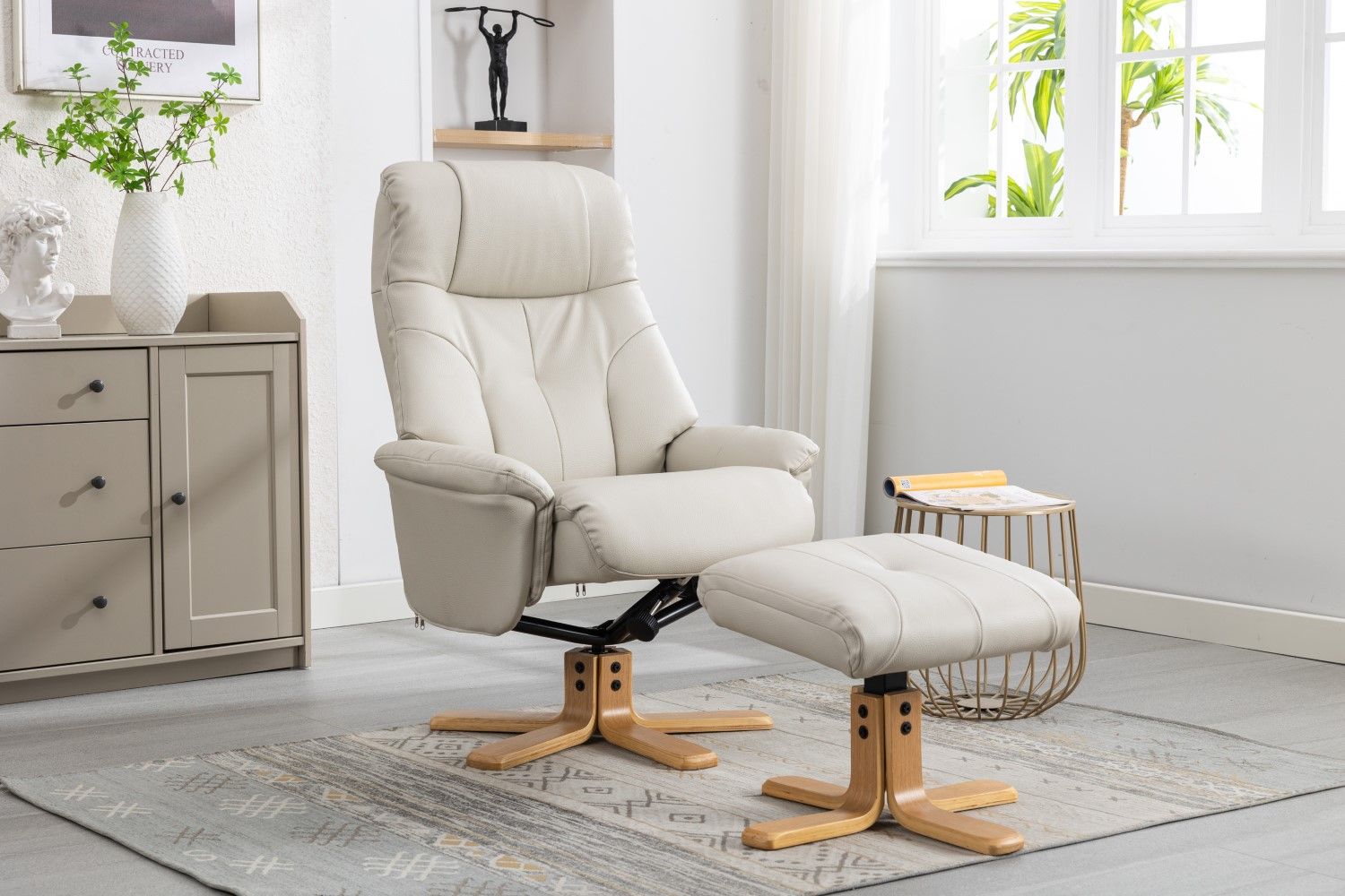 Mushroom Leather Effect Swivel Recliner Footstool Oak Base - Home Furniture Interiors