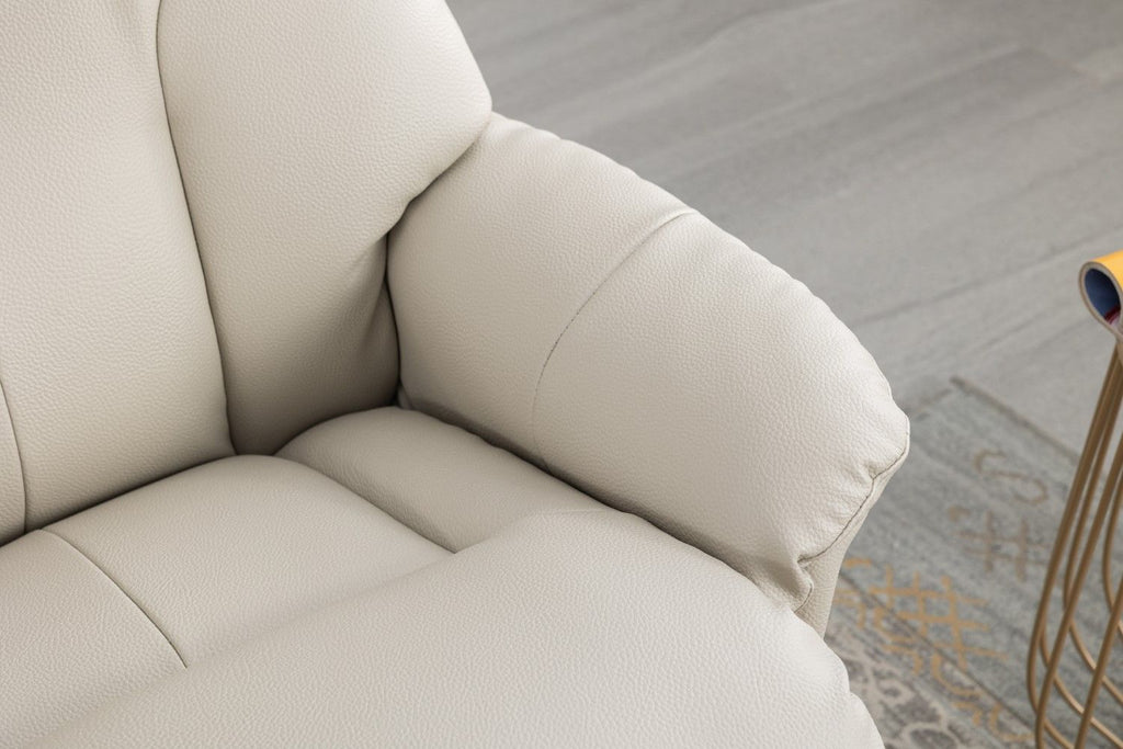 Mushroom Leather Effect Swivel Recliner Footstool Oak Base - Home Furniture Interiors