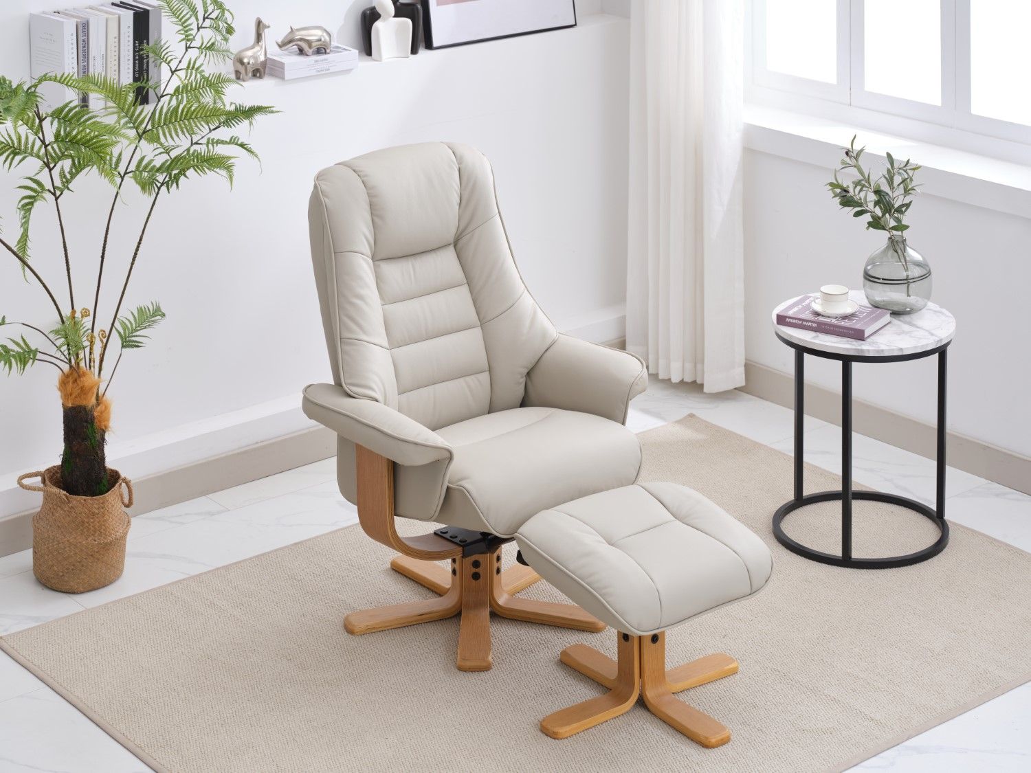 Mushroom Leather Swivel Recliner Chair with Footstool