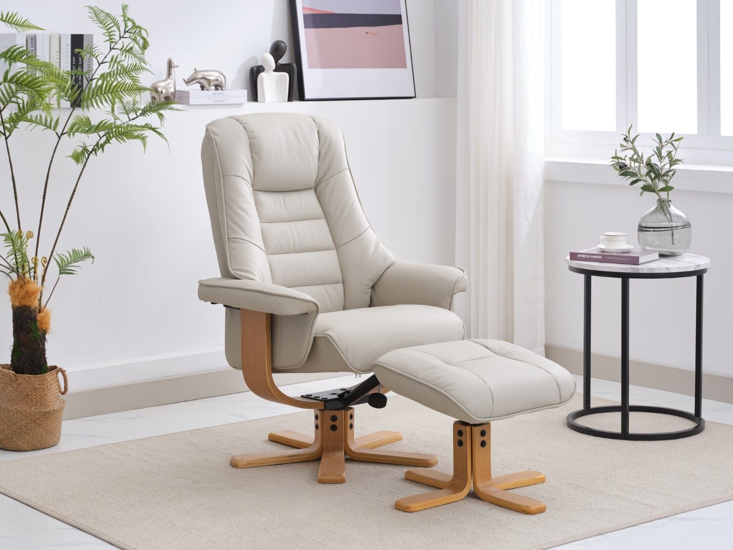Mushroom Leather Swivel Recliner Chair with Footstool