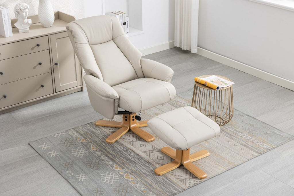 Mushroom Leather Swivel Recliner with Footstool Oak Base - Home Furniture Interiors