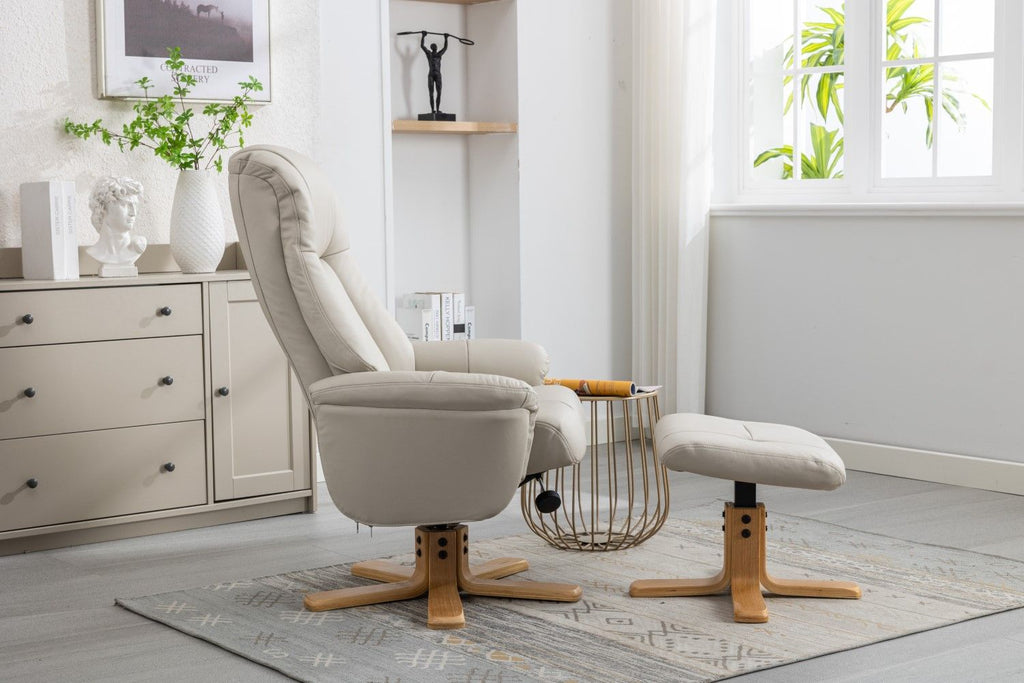 Mushroom Leather Swivel Recliner with Footstool Oak Base - Home Furniture Interiors