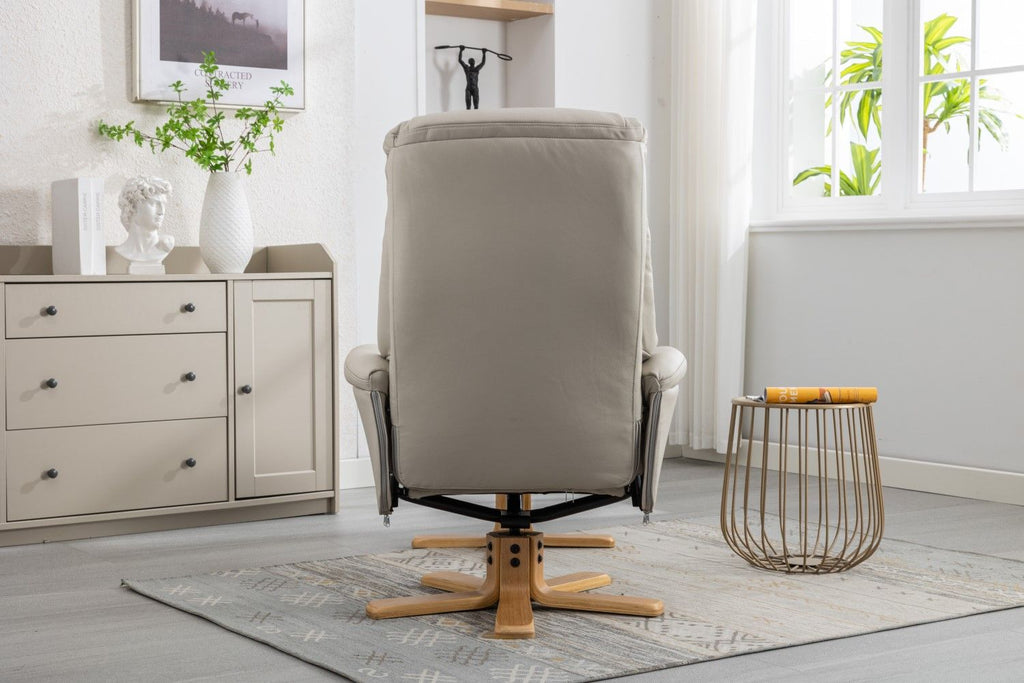 Mushroom Leather Swivel Recliner with Footstool Oak Base - Home Furniture Interiors